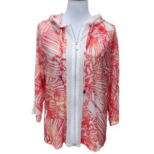 Weekends by Chico's Abstract Print Lightweight Jacket Sheer Mesh Trim Hooded